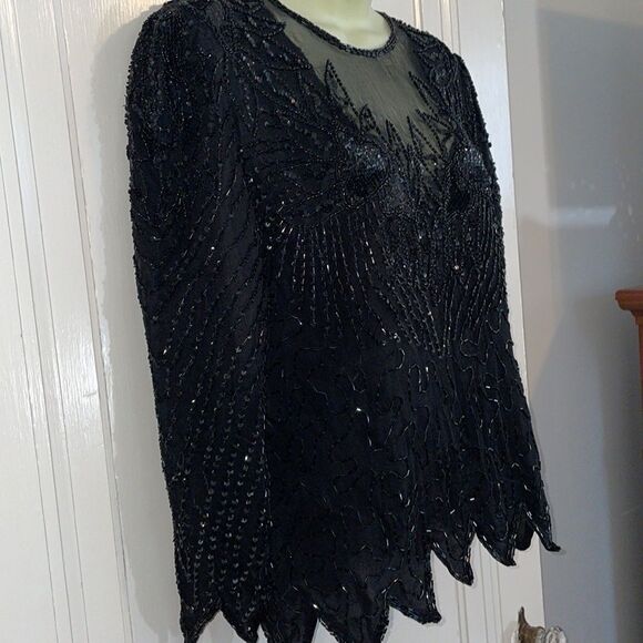 Vtg Laurence  Kazar black beaded & sequined dressy blouse - Picture 6 of 12